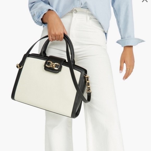JustFab White/Black Paneled Satchel w/ Gold chain trim NWOT - Picture 1 of 12